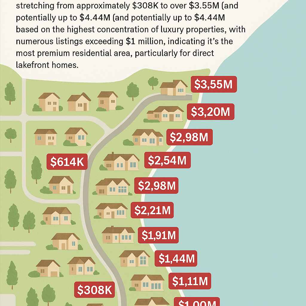 Map depicting housing prices in a Clear Lake neighborhood, Iowa, ranging from $308K to $3.5M, with the most expensive homes nestled near the picturesque lake.