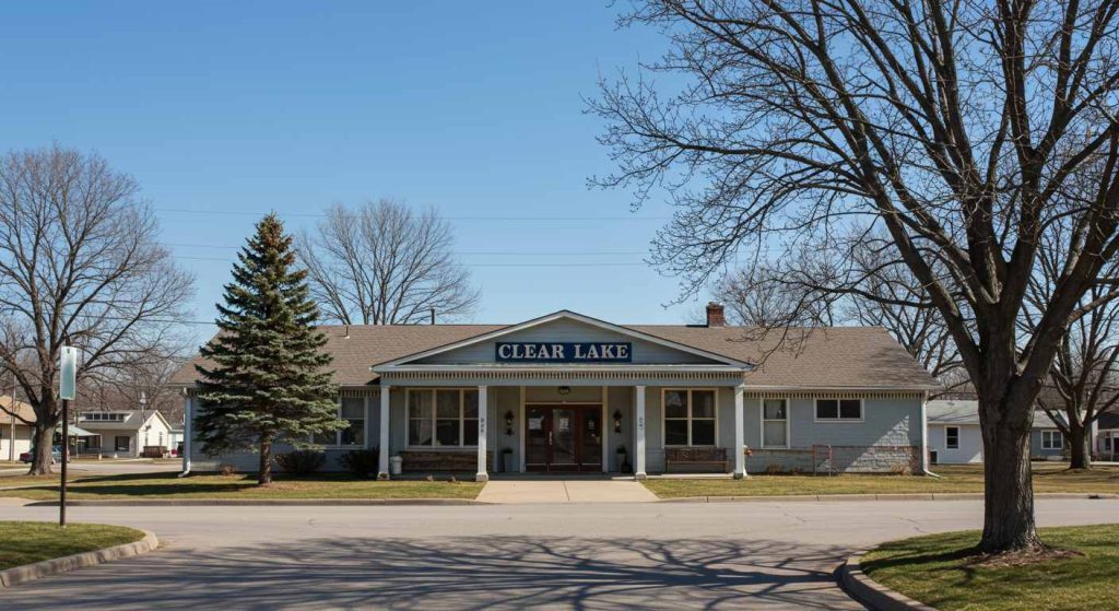 The Clear Lake public library in Iowa stands elegantly against a backdrop of vibrant trees and a brilliant blue sky, perfectly capturing the charm of living in Clear Lake.