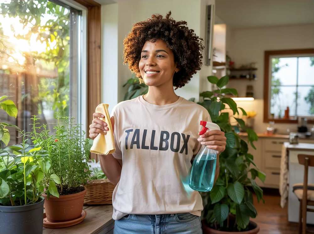Smiling woman holding a spray bottle and cloth stands in a kitchen with potted plants by the window, ready to share eco-friendly cleaning tips.