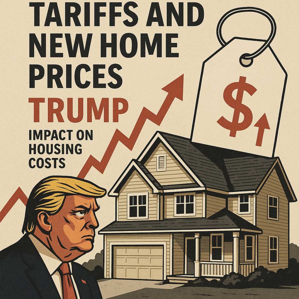 Illustration of a person, house, rising graph, and price tag. Text discusses US home prices in 2025, influenced by costs and Trump tariffs.
