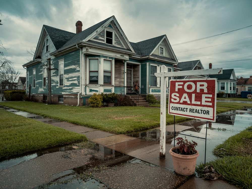 A weathered house with peeling paint and a "For Sale" sign in the yard on a cloudy, rainy day highlights clear factors reducing home value.