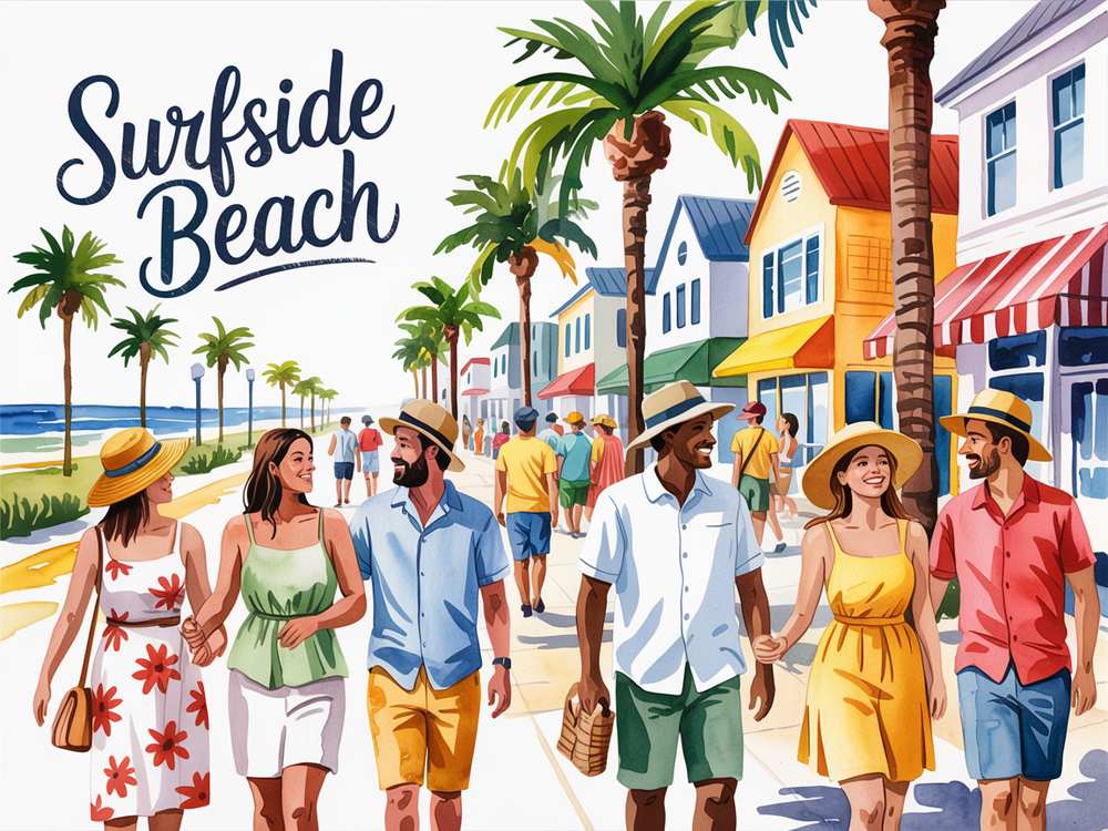 A group of people stroll on a vibrant boardwalk at Surfside Beach, SC, lined with colorful shops and palm trees—truly a good place to live.