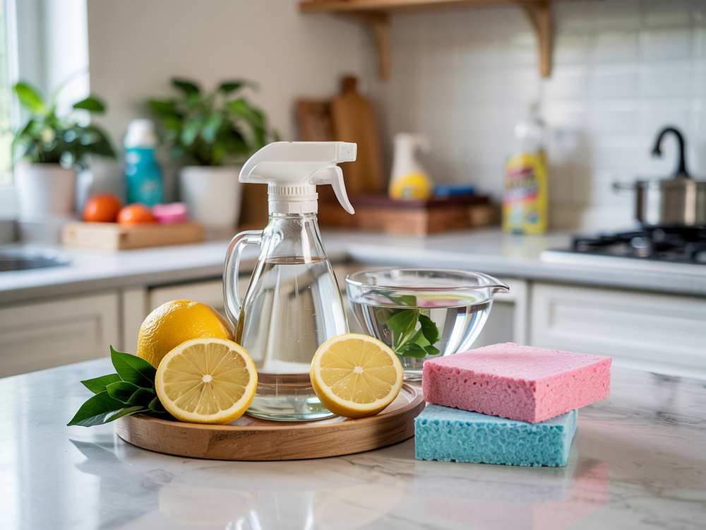 Spray bottle, lemons, bowl, and sponges on a kitchen counter with plants and eco-friendly cleaning supplies in the background.