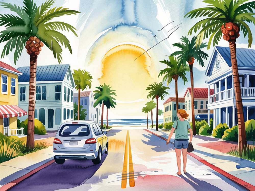 A person strolls down a street toward a bright sunset over the ocean, surrounded by palm trees and coastal houses in Surfside Beach, SC—a good place to live.