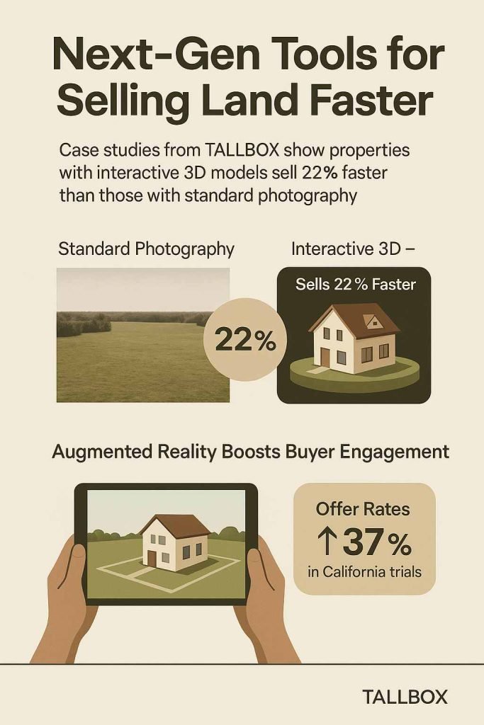 Infographic on selling land faster in the USA using 3D models with a step-by-step overview, showing a 22% speed increase and 37% higher offer rates in trials.