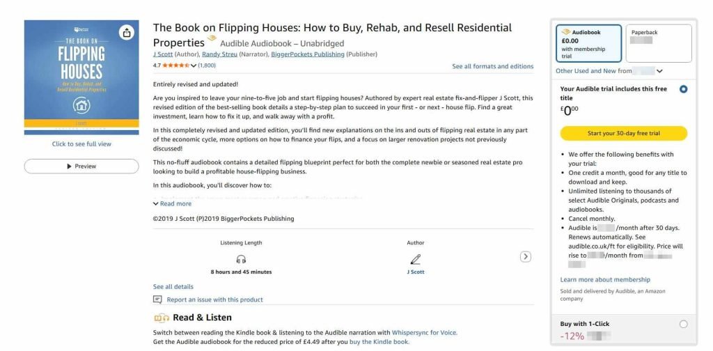 Screenshot of an Amazon page for the audiobook "The Book on Flipping Houses" by J. Scott, a must-read for anyone interested in Buy and Flip strategies or seeking top Real Estate Investment books.