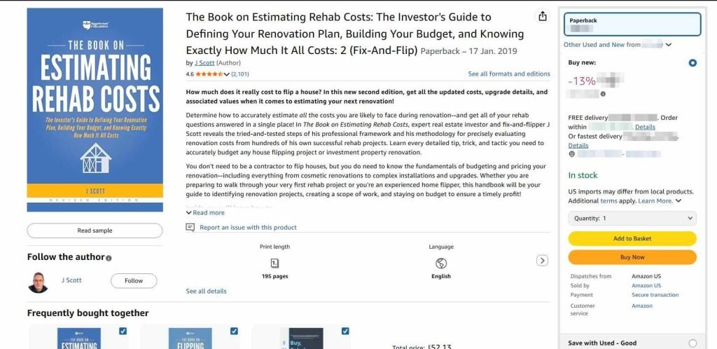 “The Book on Estimating Rehab Costs” by Scott features book details and buy options—an essential addition to Real Estate Investment Books for homeowners and those looking to Buy and Flip properties.