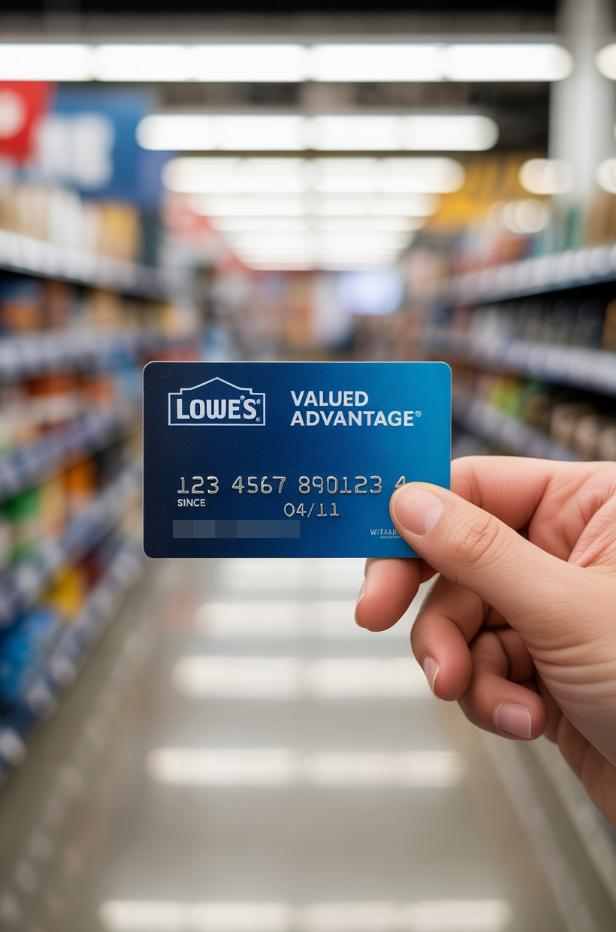A hand holding a Lowe's Valued Advantage card in a store aisle, perfect for homeowners looking to buy and flip or those inspired by real estate investment books.