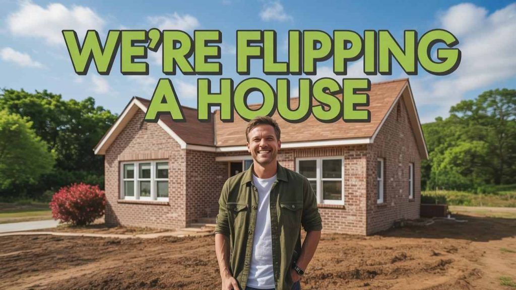Smiling man stands in front of a brick house with text: "WE'RE FLIPPING A HOUSE" above him, sharing insights from real estate investment books to inspire homeowners to buy and flip their own properties.