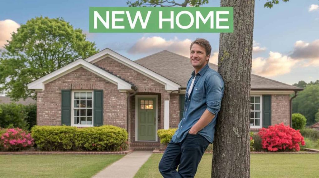 Man leaning against a tree in front of a brick house, with "NEW HOME" text above him—perfect for aspiring homeowners or those interested in real estate investment.