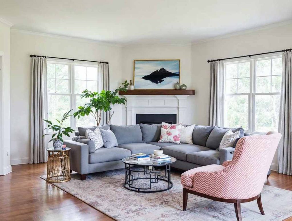 Bright living room with a gray sectional sofa, pink chair, large windows, and a plant by a white fireplace—perfect inspiration if you’re planning an interior renovation to prepare your home for moving out.