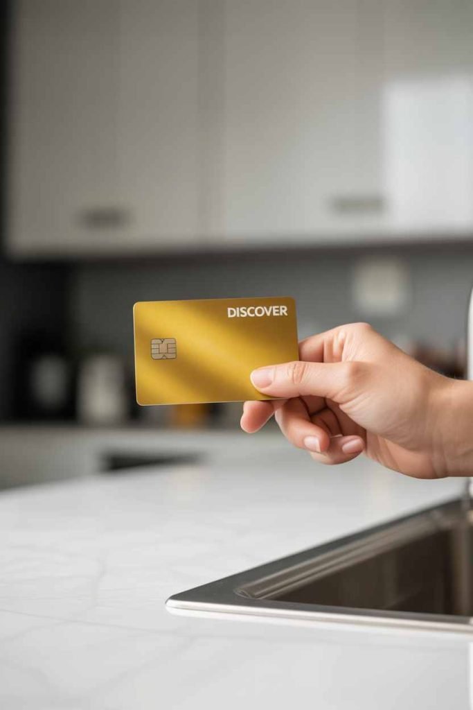 Hand holding a gold Discover credit card over a white kitchen counter near a sink—perfect for tackling home renovation or starting your DIY credit repair journey.