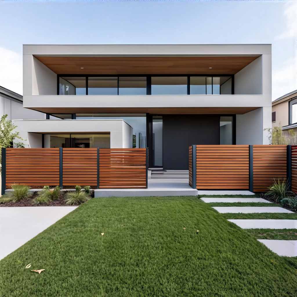 Modern two-story house with large windows, wood accents, and a sleek wooden fence in front, showcasing elegant architectural design.