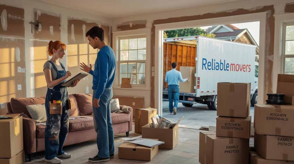 Two people discuss in a half-furnished room with moving boxes, preparing home for moving out; movers and a truck labeled "Reliable Movers" wait outside.
