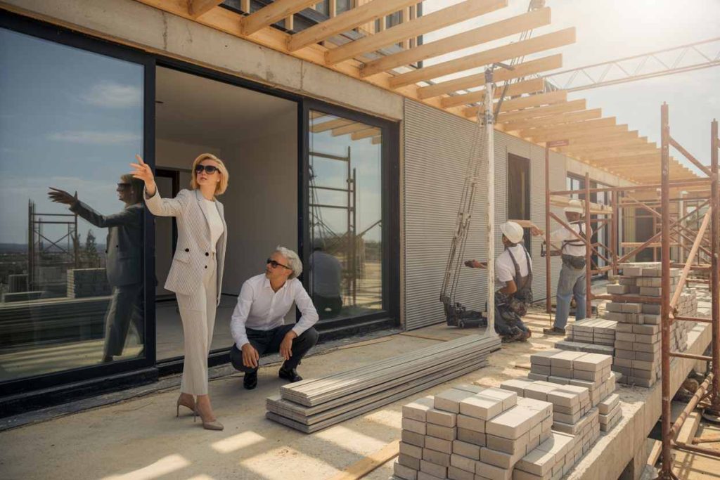 A woman in a suit and a man in a hard hat discuss construction at a building site with workers and scaffolding, exploring modern solutions like alternatives to credit cards for 2025 interior design businesses.