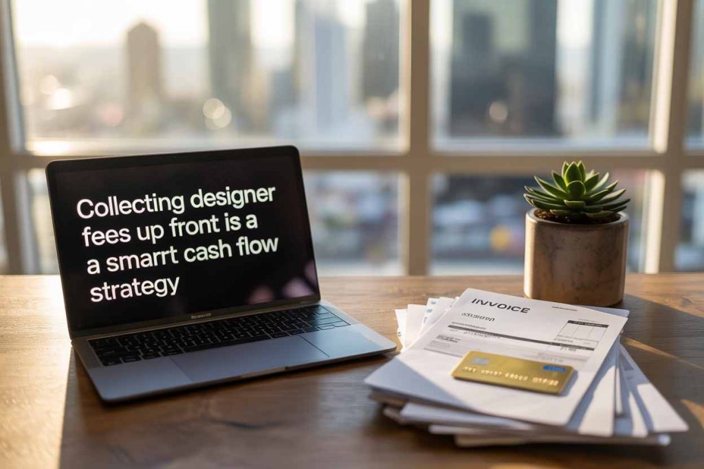 Laptop on desk with cash flow advice for interior design businesses on screen, next to invoices, a credit card, and a potted plant—highlighting alternatives to credit cards for better financial management in 2025.