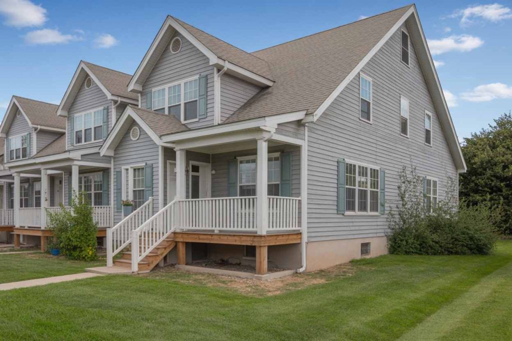 Two-story gray house with a front porch, white trim, and green lawn—perfect for real estate opportunities or the first-time buyer on a clear day.