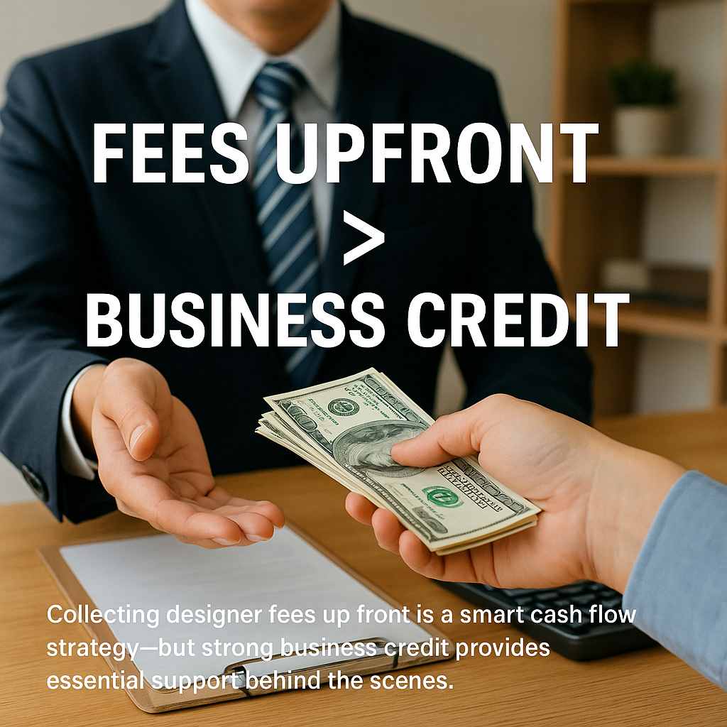 A person hands cash to another across a desk with the text: "Fees Upfront > Business Credit," highlighting 2025 alternatives to credit cards for interior design businesses.