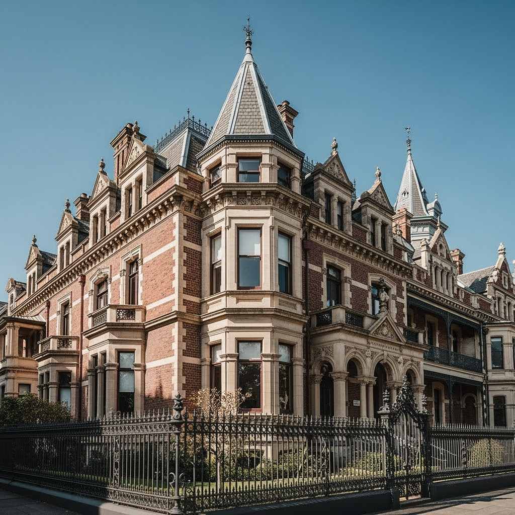 Large Victorian-style brick property with ornate towers and an elegant iron fence showcases exquisite architectural design under a clear blue sky.
