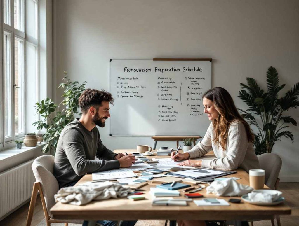 A man and woman discuss interior renovation plans at a table with samples, preparing your home as a schedule is outlined on a whiteboard behind them.