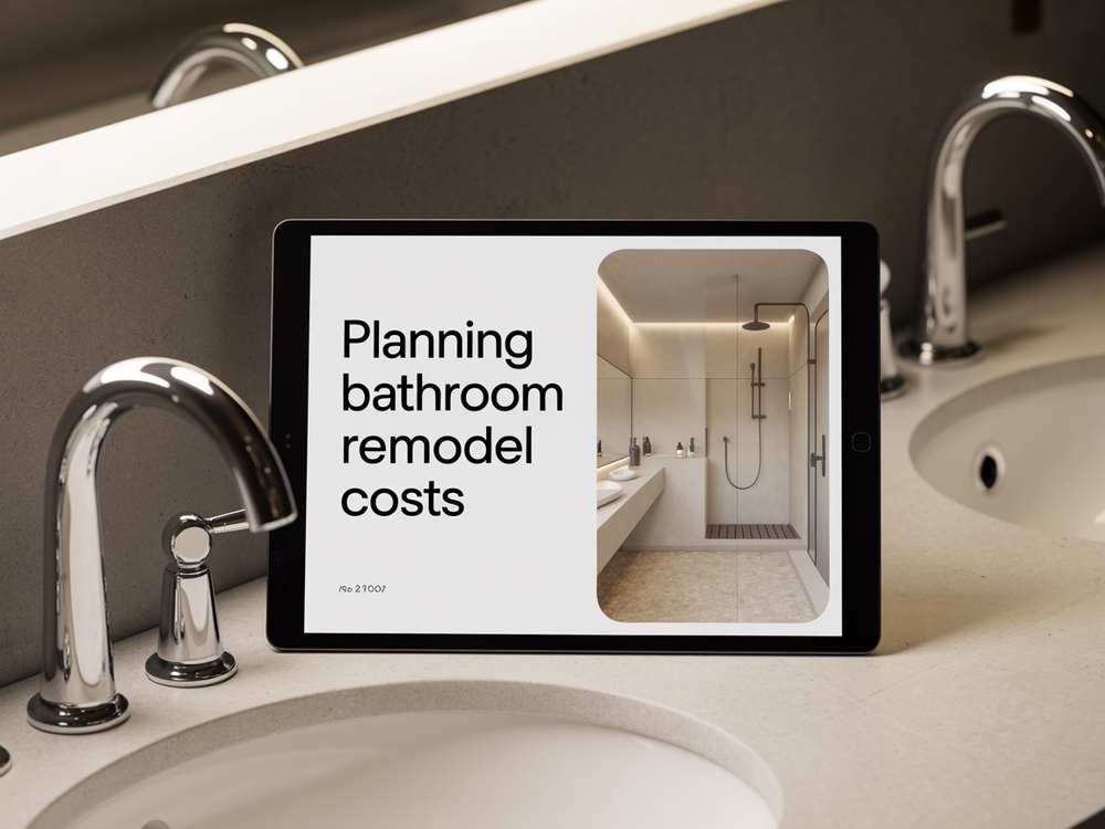 A tablet on a bathroom counter displays "Planning bathroom remodel costs" alongside a modern luxury bathroom shower photo.