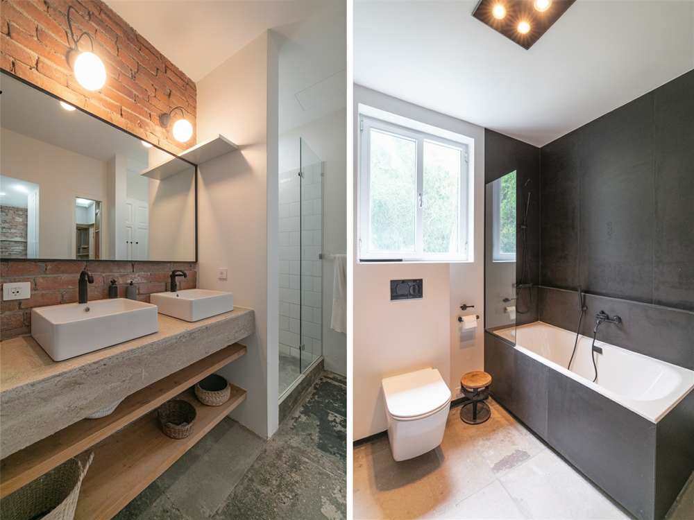 Split image of two modern bathrooms: one with exposed brick and double sinks, the other with a black bathtub wall—perfect inspiration to avoid common bathroom renovation mistakes.