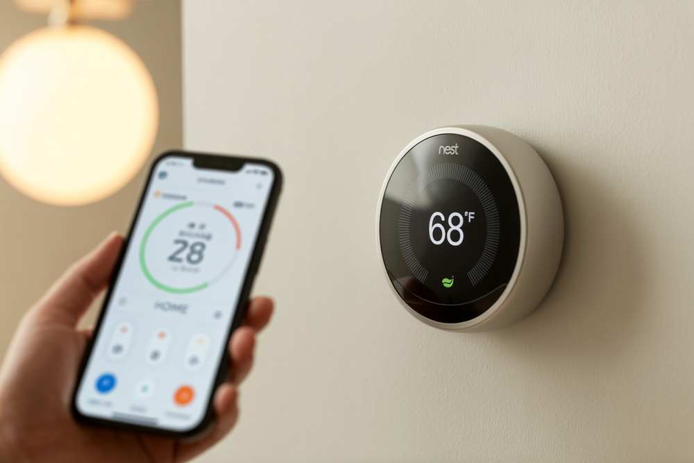 Hand holding a smartphone near a Nest thermostat set to 68°F on a wall, showcasing Smart Home Upgrades perfect for any home remodel.