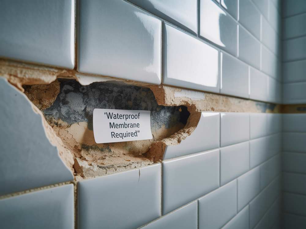 A tiled wall with damaged plaster, exposing a label that reads "Waterproof Membrane Required"—a reminder to avoid common bathroom renovation mistakes during your bathroom remodel.