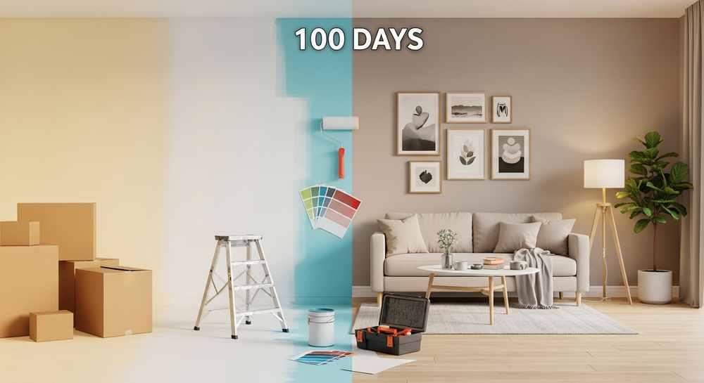 Room half in moving-in state, half fully furnished; "100 DAYS" above marks the first 100 days of moving and home improvements, with painting and decor visible.