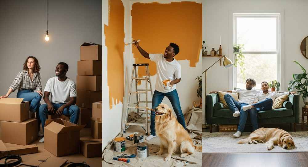 Three scenes: a couple moving with boxes, a man doing home improvements by painting a wall with his dog, and a couple relaxing with their dog—all capturing the excitement of the first 100 days in a new home.
