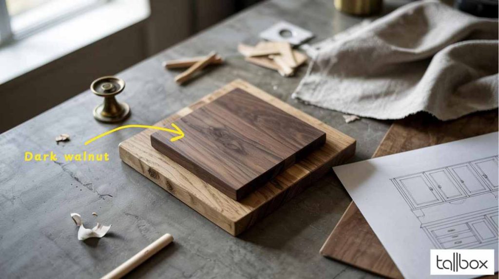 A dark walnut wood sample on a table with plans, labeled with an arrow and text "Dark walnut," highlighting its timeless appeal among preferred interior materials.