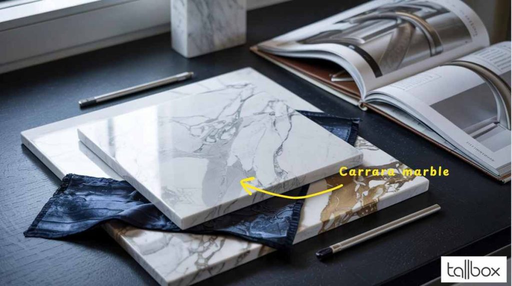 Carrara marble sample labeled, stacked with other marble tiles, pen, cloth, and open book on dark table—a classic choice for interior design using timeless interior materials.