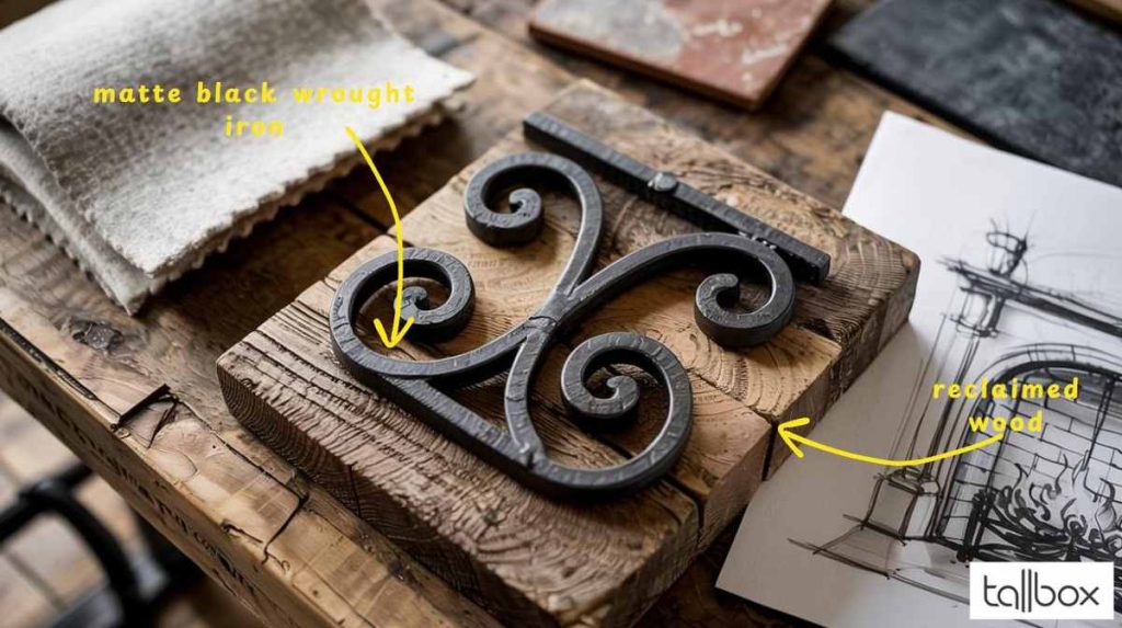 Matte black wrought iron scroll set on reclaimed wood, with design sketches and fabric samples on a rustic table—showcasing timeless interior materials that elevate both style and home value.