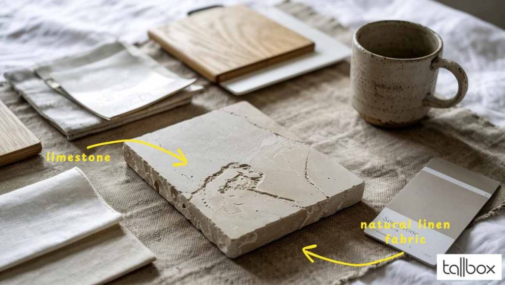 Neutral decor samples showcasing timeless interior materials like limestone, natural linen fabric, wood, tiles, a mug, and a paint swatch—perfect for elevating your interior design and enhancing home value.