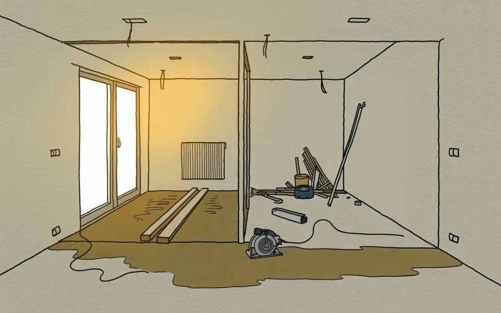 A room under renovation with tools, wooden planks, and building materials scattered on the floor, highlighting the need for post renovation cleaning to restore order and cleanliness.