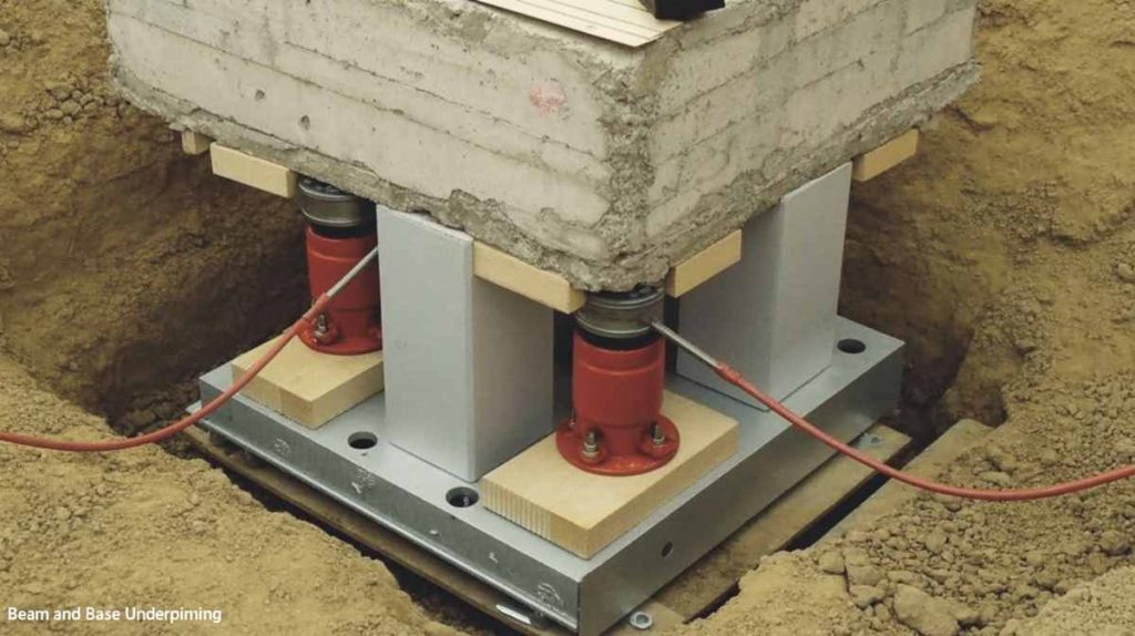 Concrete foundation supported by metal beams and hydraulic jacks in a soil excavation site, showcasing expert underpinning solutions.