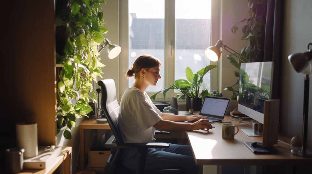 Person working at a desk with a laptop in a bright, plant-filled home office featuring stylish office furniture, sunlight streaming through the window.