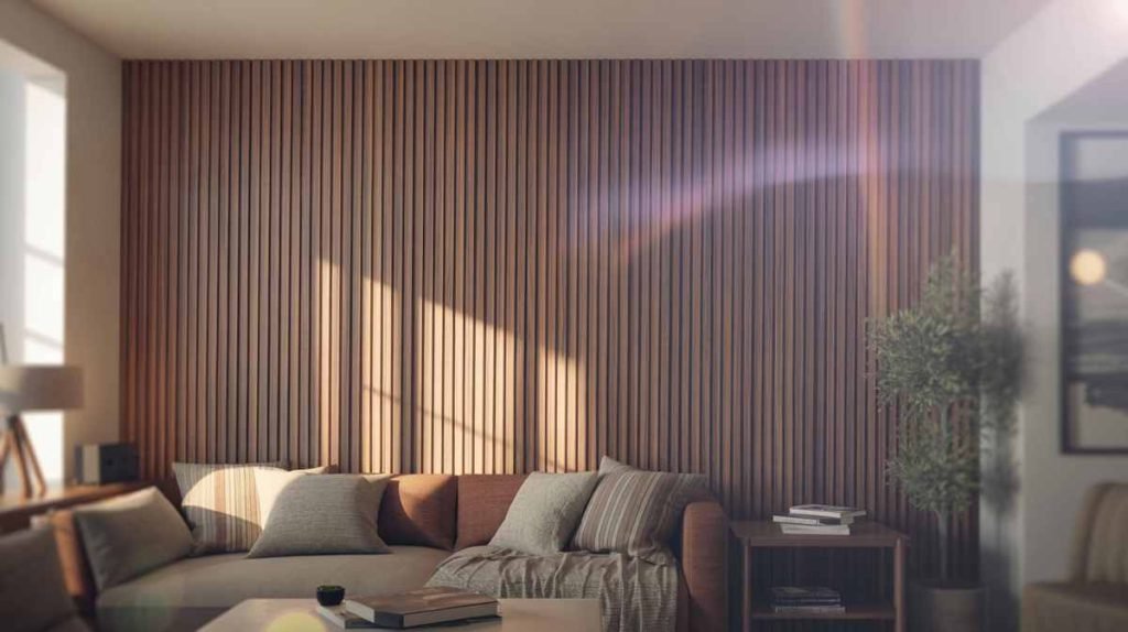 A modern living room with a brown sofa, sunlight, a potted plant, and stylish wood slat wall panels that create a warm accent behind the seating area.