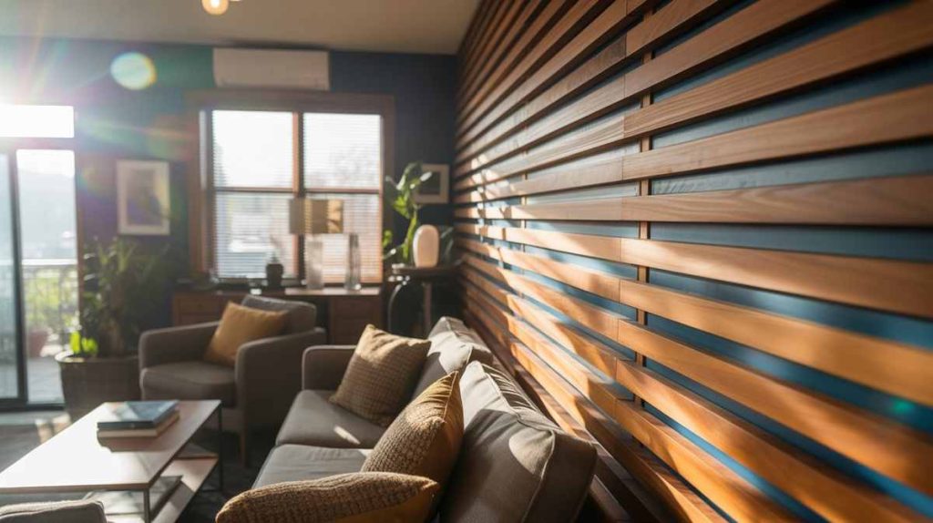 Sunlit modern living room featuring wood slat wall panels, a grey sofa, armchairs, and expansive windows.