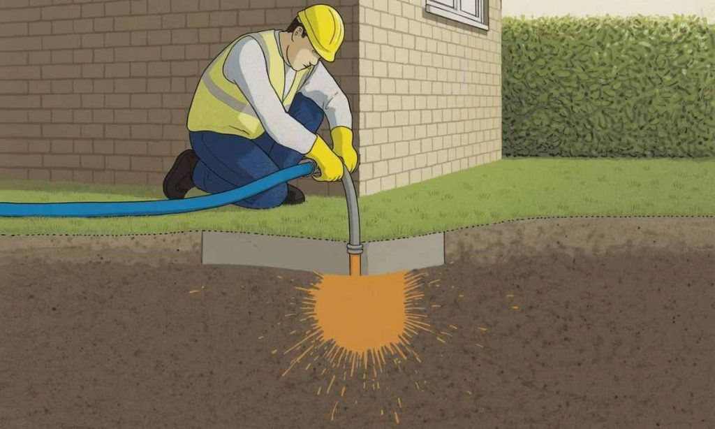 Worker in safety gear injects material into ground by house foundation, offering underpinning solutions that expand soil and lift the structure—ideal after thorough foundation inspections.