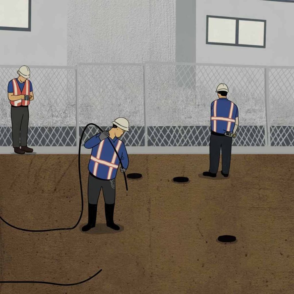 Three construction workers in safety gear conduct foundation inspections near holes in the ground at a fenced-off site.