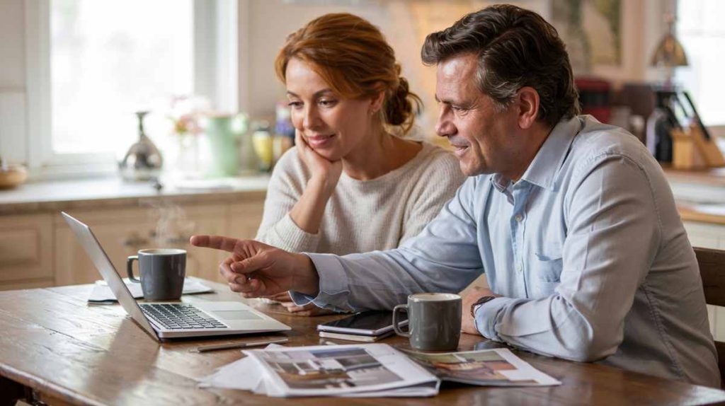 Smiling couple sits at a table with coffee, looking at a laptop and papers together in a bright kitchen, discussing best practices for managing their $100K renovation budget.