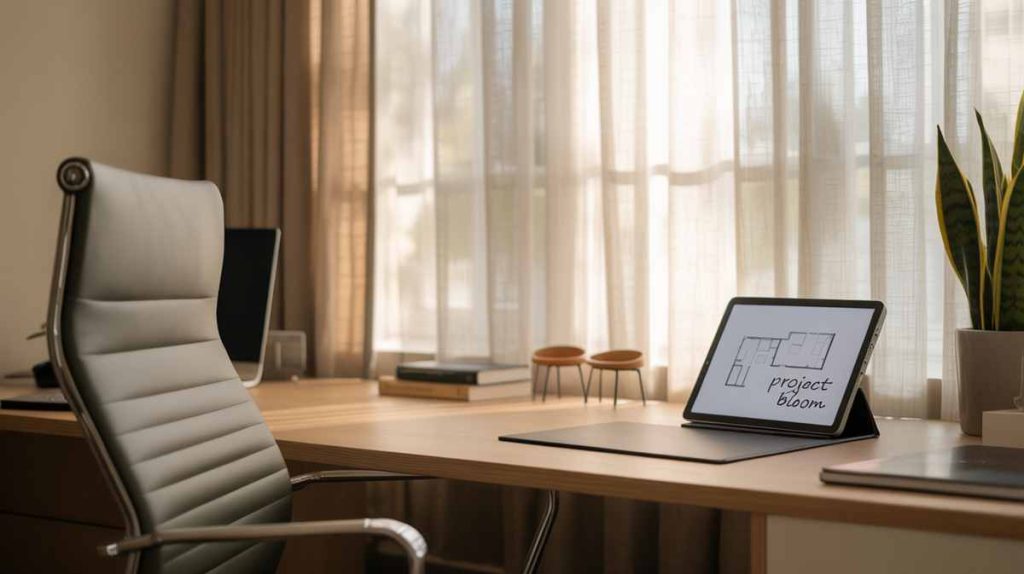 Modern office desk with a tablet displaying "project bloom," a chair, plant, and soft natural light—perfect for a productive workspace or stylish home office design.