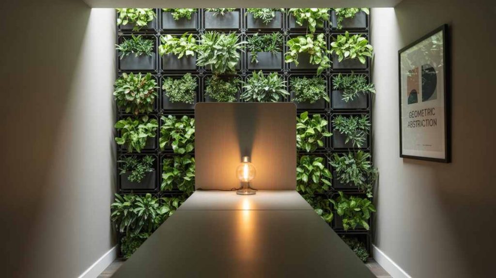 A lit table lamp sits on a desk, in front of a wall filled with green plants in square pots, adding a touch of stylish office design to the workspace.