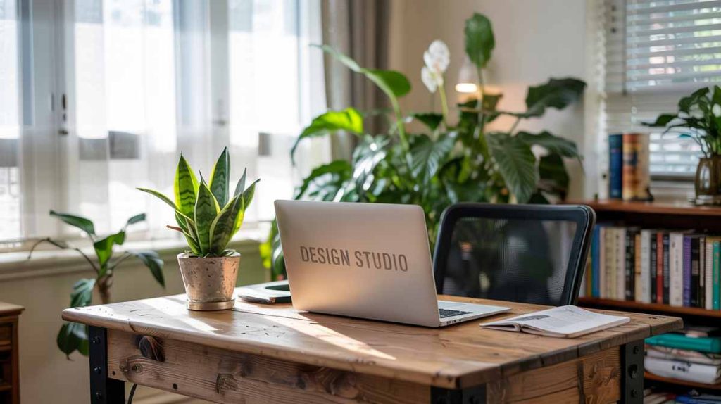 A stylish laptop labeled "Design Studio" sits on a wooden desk with plants and books, creating a productive, bright, and cozy home office atmosphere.