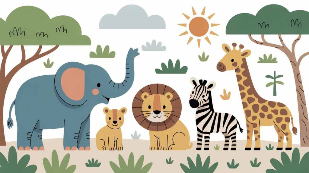 Cartoon elephant, lion, lion cub, zebra, and giraffe standing together in a sunny, grassy landscape—perfect kids room wallpaper to brighten any space.