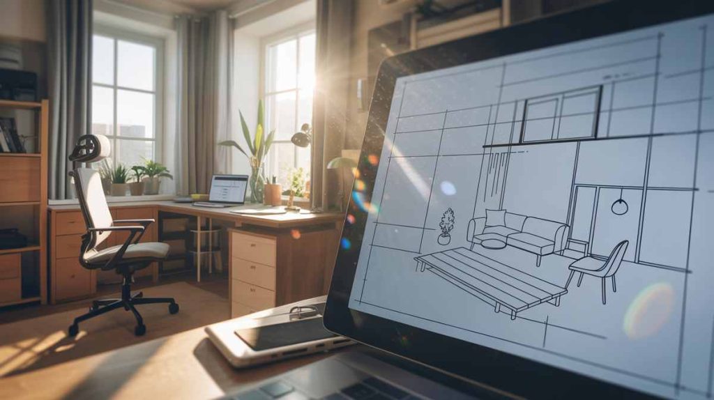 A sunlit home office with a desk, lush plants, and a tablet displaying a design sketch creates a productive and inspiring workspace.