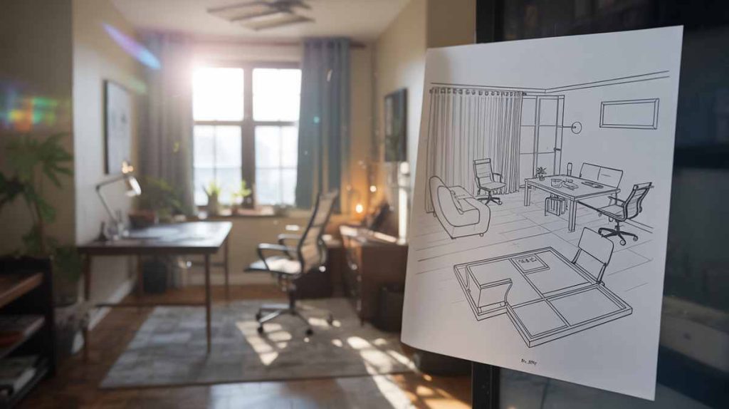 A stylish home office with a desk and chair, and a room layout sketch taped to a glass surface in the foreground, offers inspiration for productive home office design.