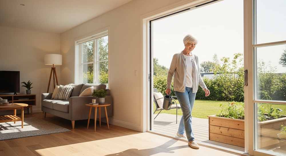 Older woman with a watering can steps onto a sunny patio from a bright, cozy living room, reflecting thoughtful home design for long-term livability and aging in place.