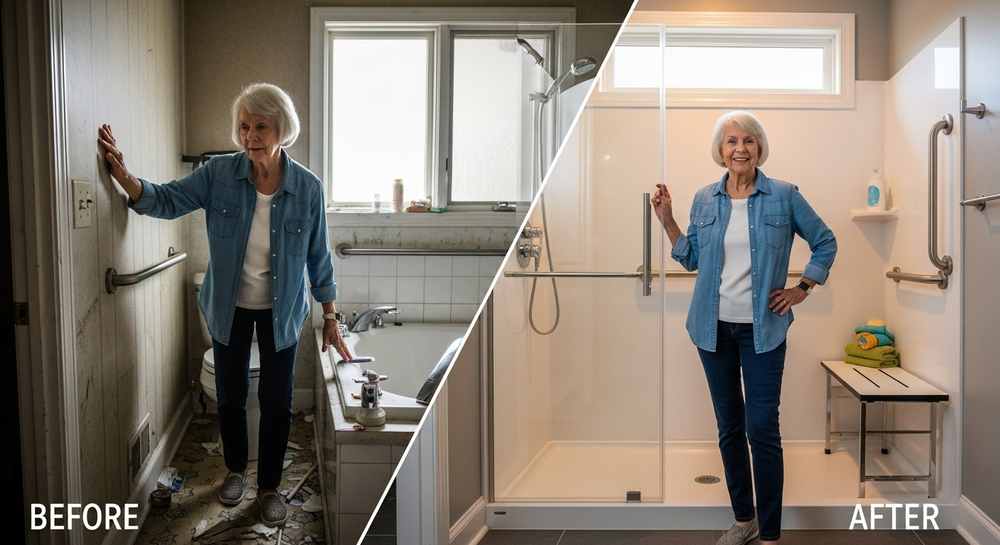 Senior woman stands in an old bathroom and a newly renovated, accessible shower in a before-and-after comparison, showcasing home design improvements for aging in place.